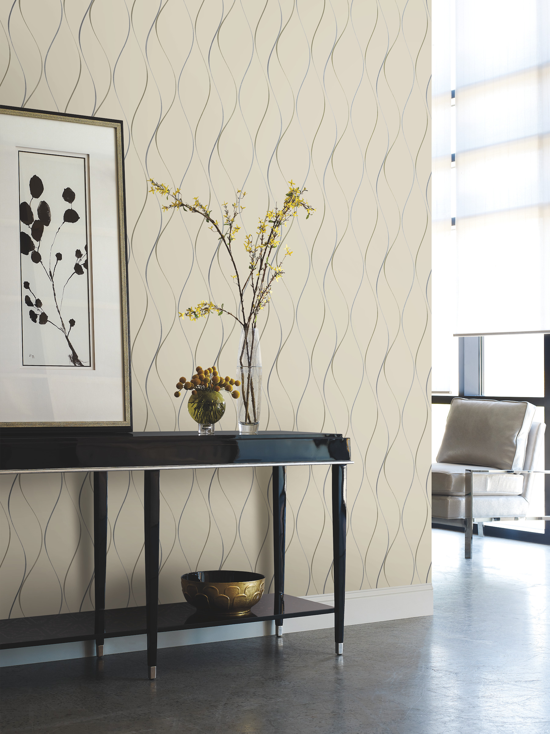 Beige Metallic Wavy Stripe Wallpaper