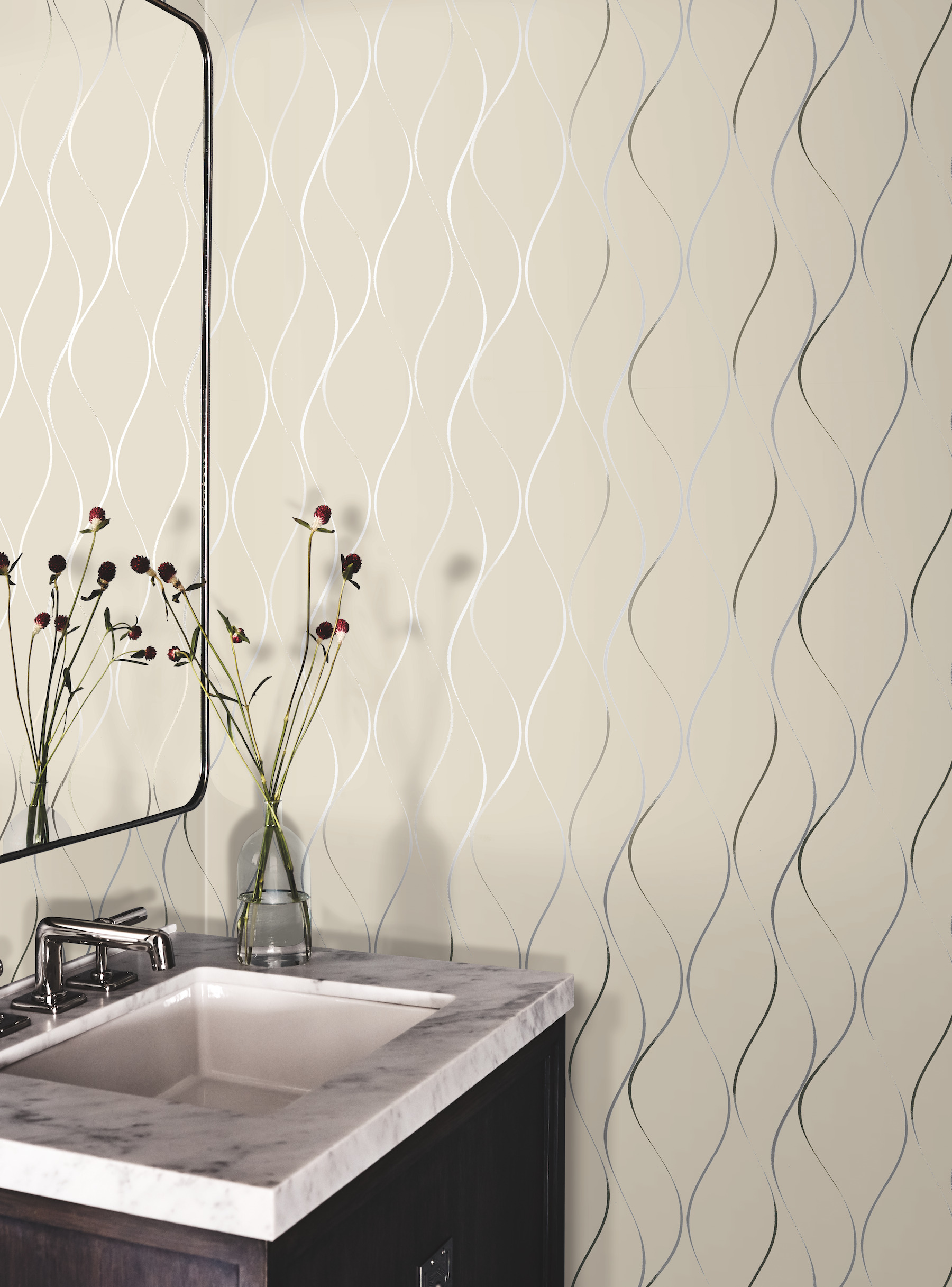 Beige Metallic Wavy Stripe Wallpaper