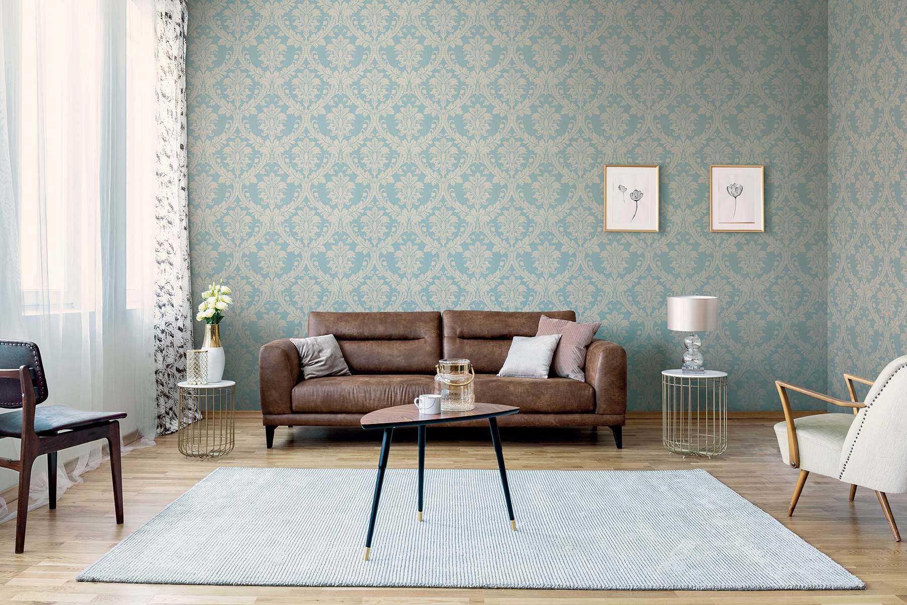 Clelia Blue Damask Wallpaper