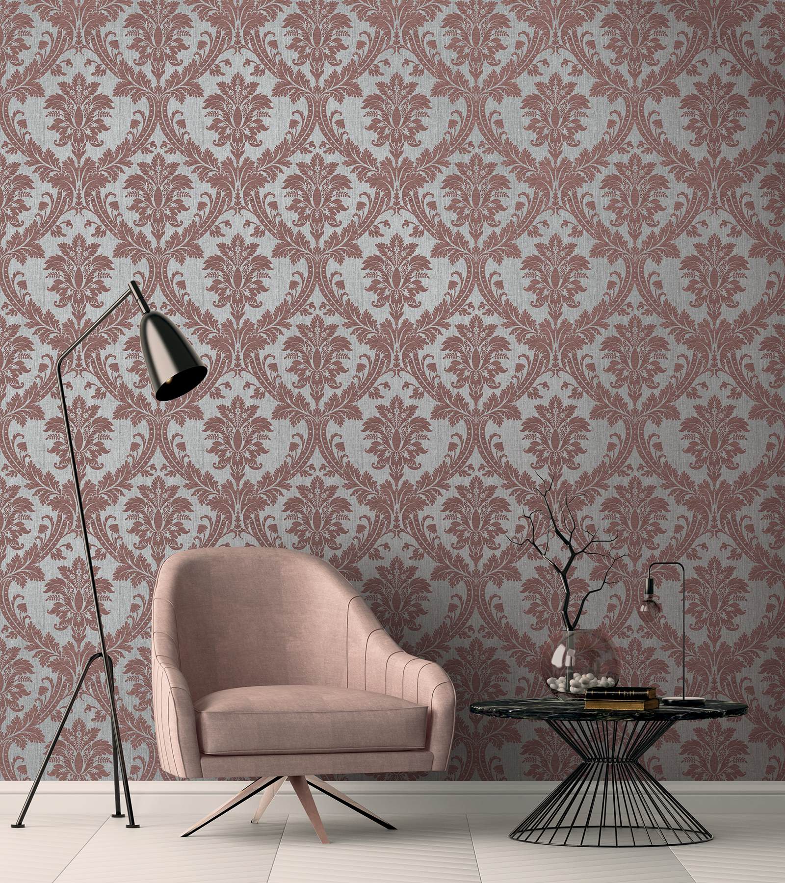 Clelia Maroon Damask Wallpaper