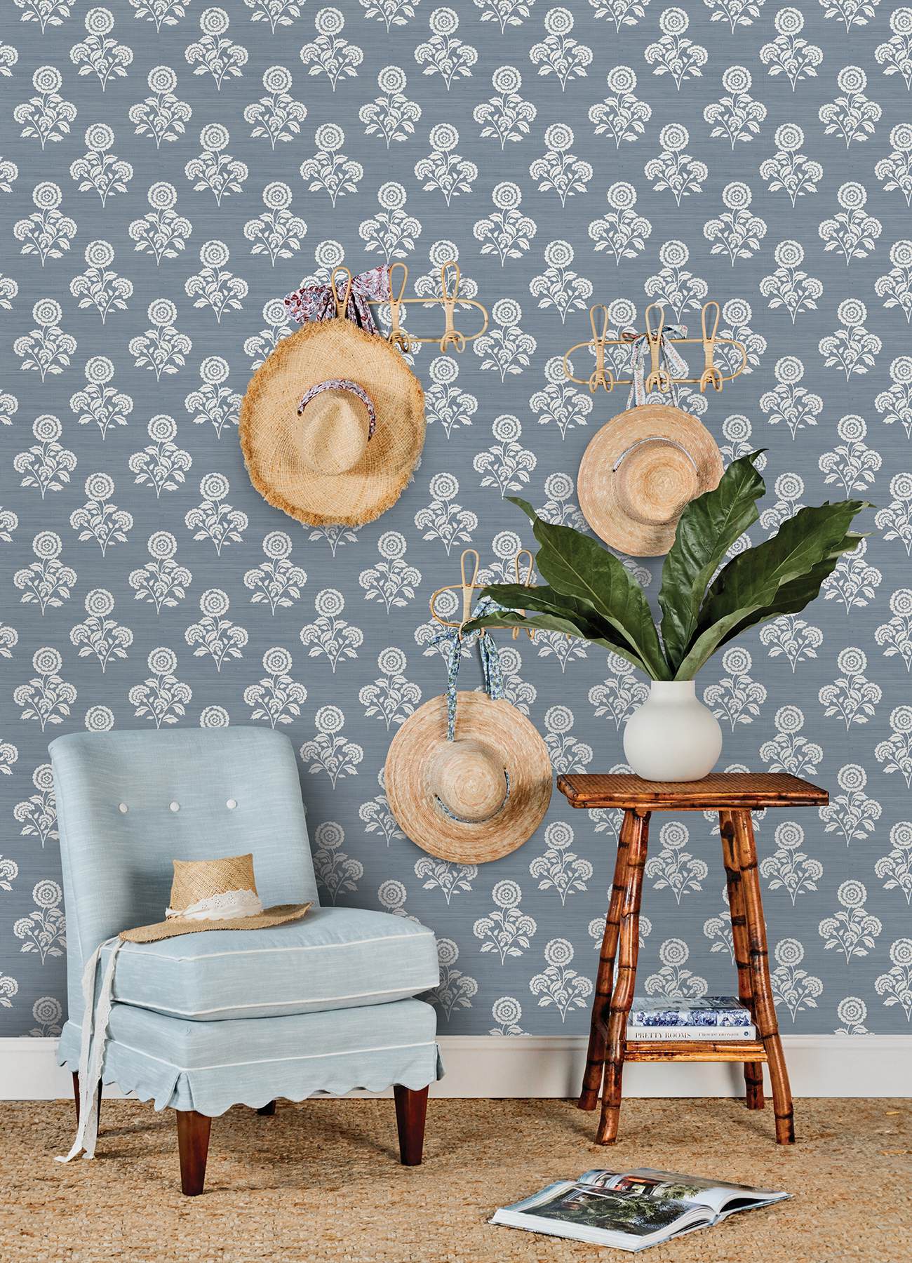 Flourish Block Print Mineral Blue Faux Grasscloth Peel & Stick Wallpaper