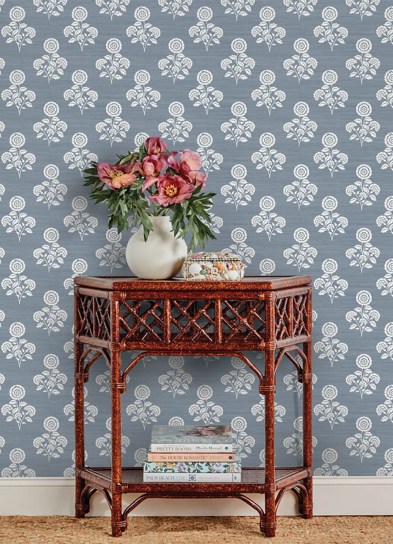 Flourish Block Print Mineral Blue Faux Grasscloth Peel & Stick Wallpaper
