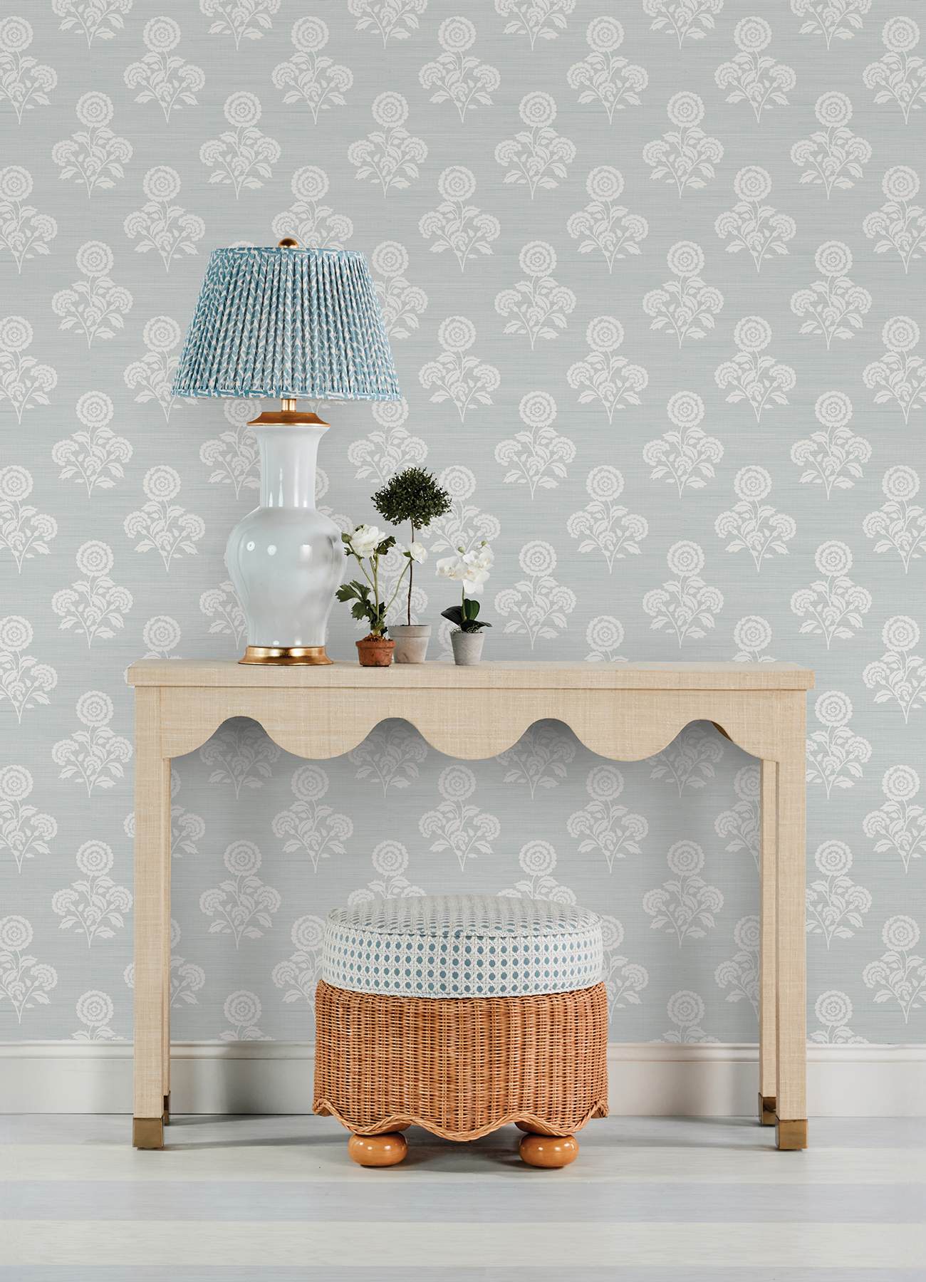 Flourish Block Print Whisper Blue Faux Grasscloth Peel & Stick Wallpaper