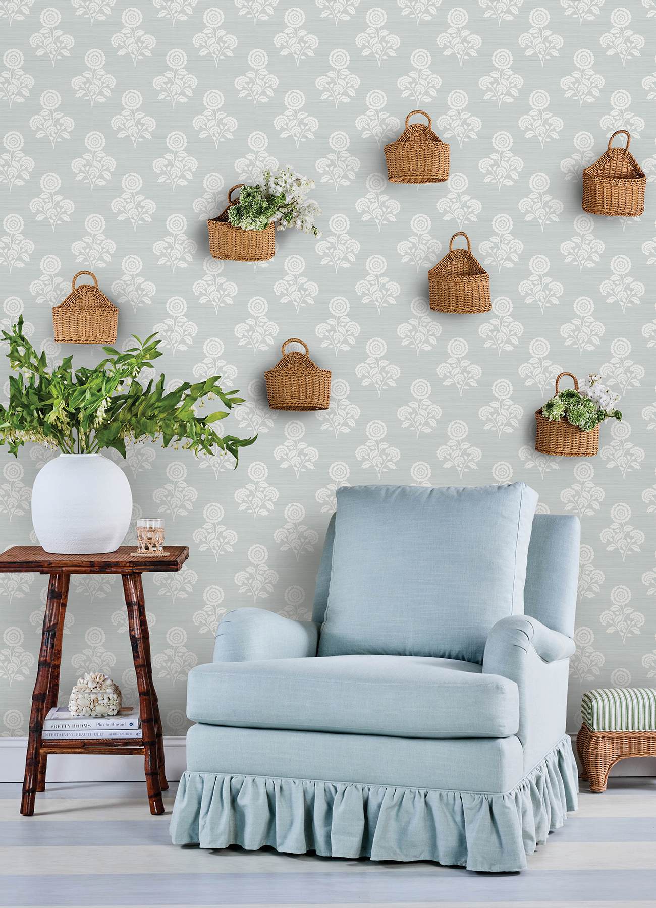 Flourish Block Print Whisper Blue Faux Grasscloth Peel & Stick Wallpaper