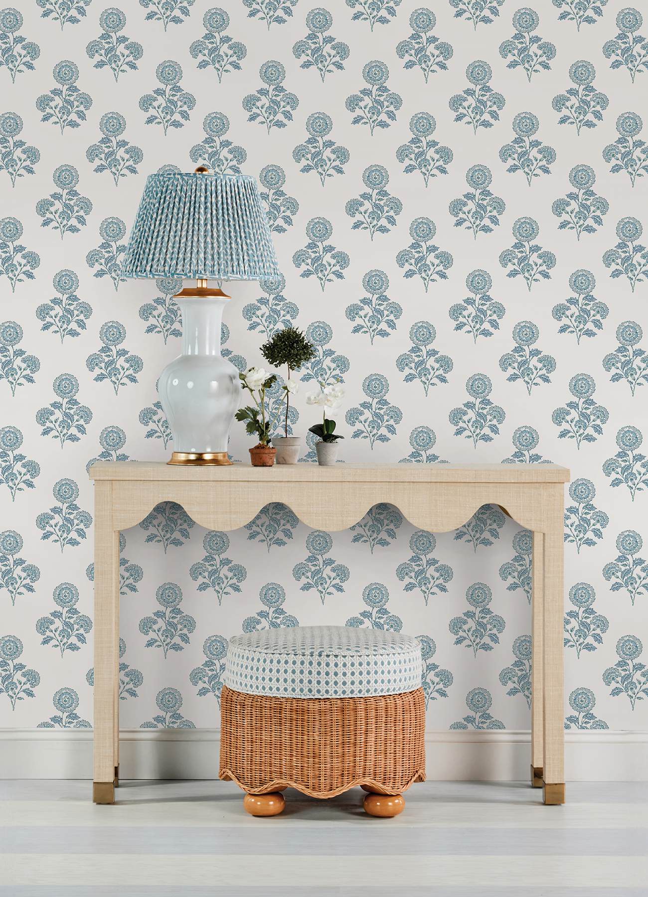 Flourish Block Print Blue on Blue Peel & Stick Wallpaper