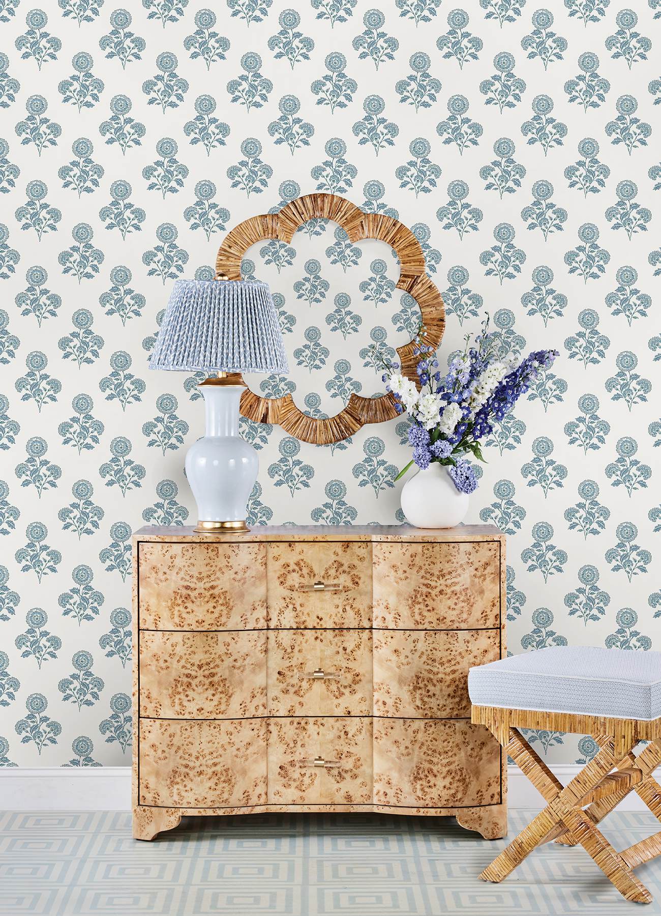 Flourish Block Print Blue on Blue Peel & Stick Wallpaper