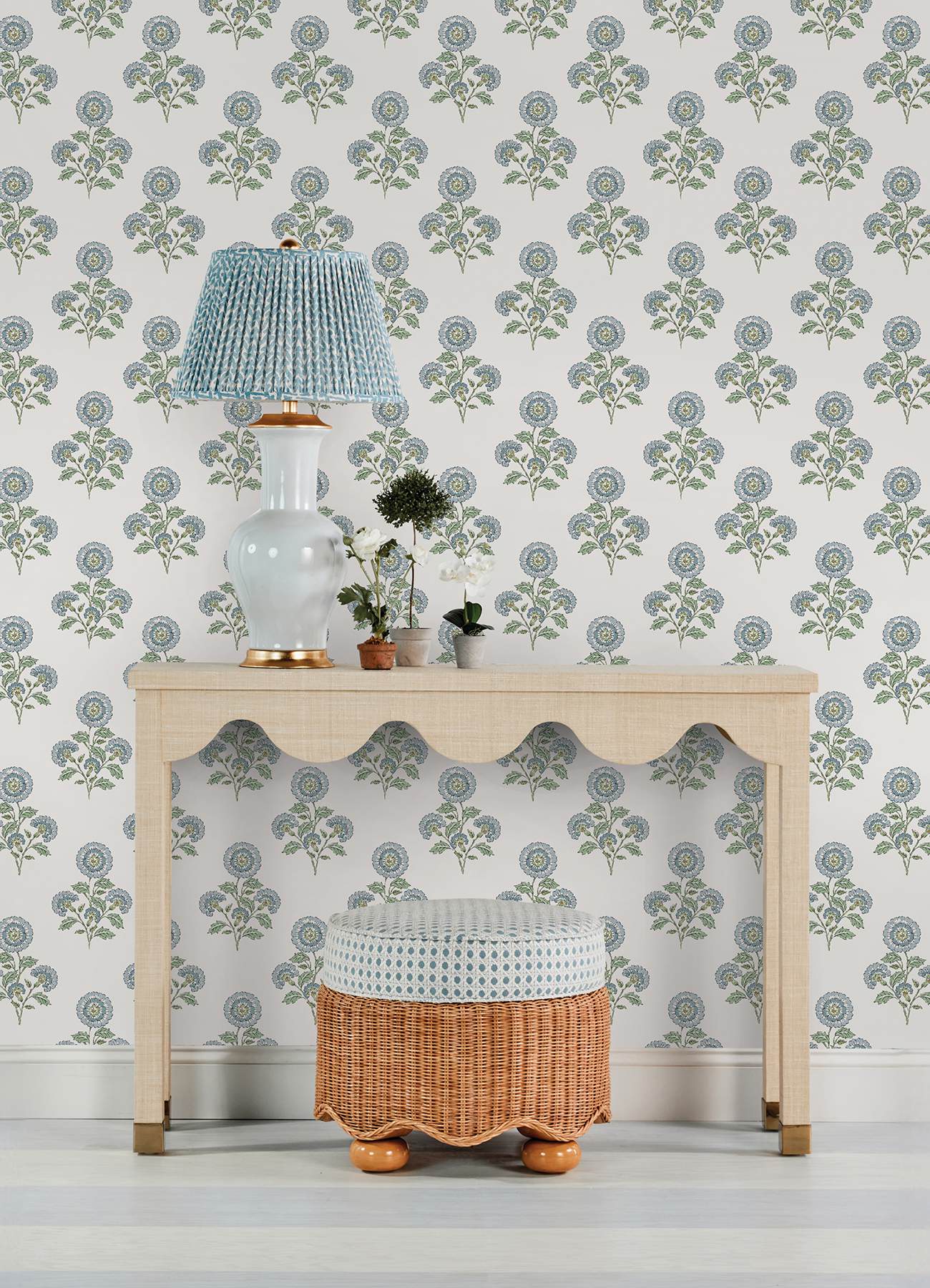 Flourish Block Print Blue and Green Multi Peel & Stick Wallpaper