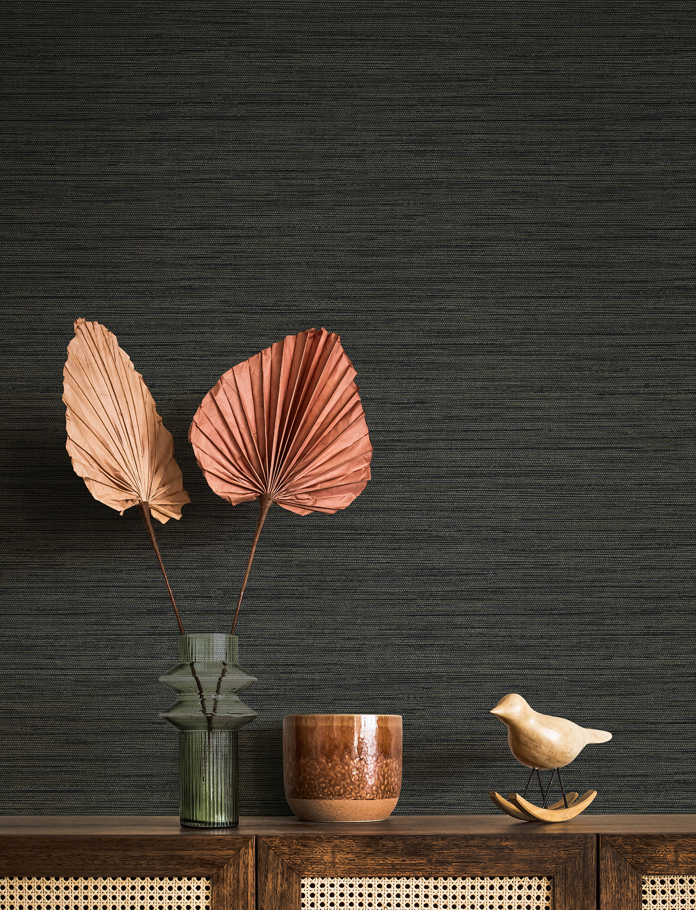 Sheehan Black Faux Grasscloth Wallpaper