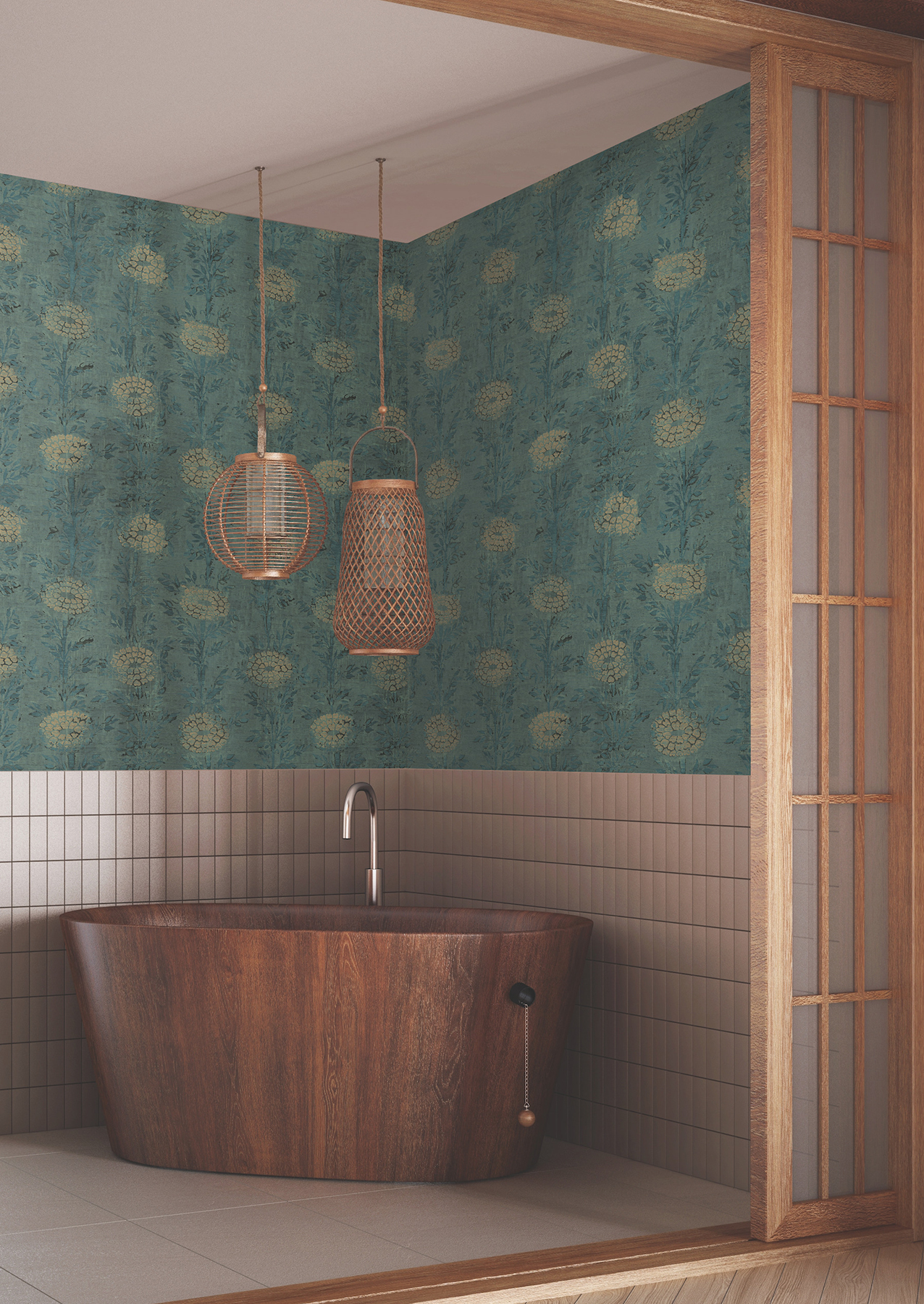 French Marigold Teal Green & Gold Wallpaper