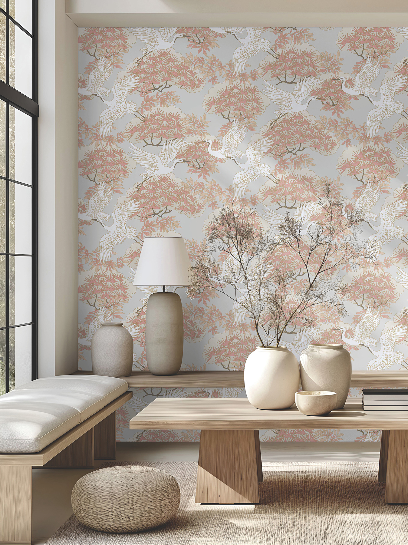 Sprig & Heron Coral Wallpaper