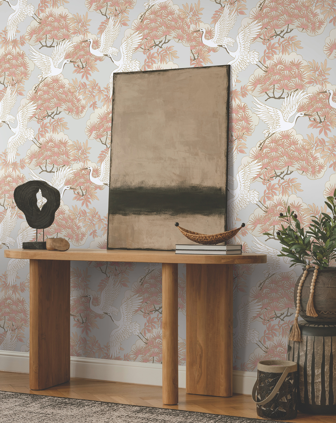 Sprig & Heron Coral Wallpaper