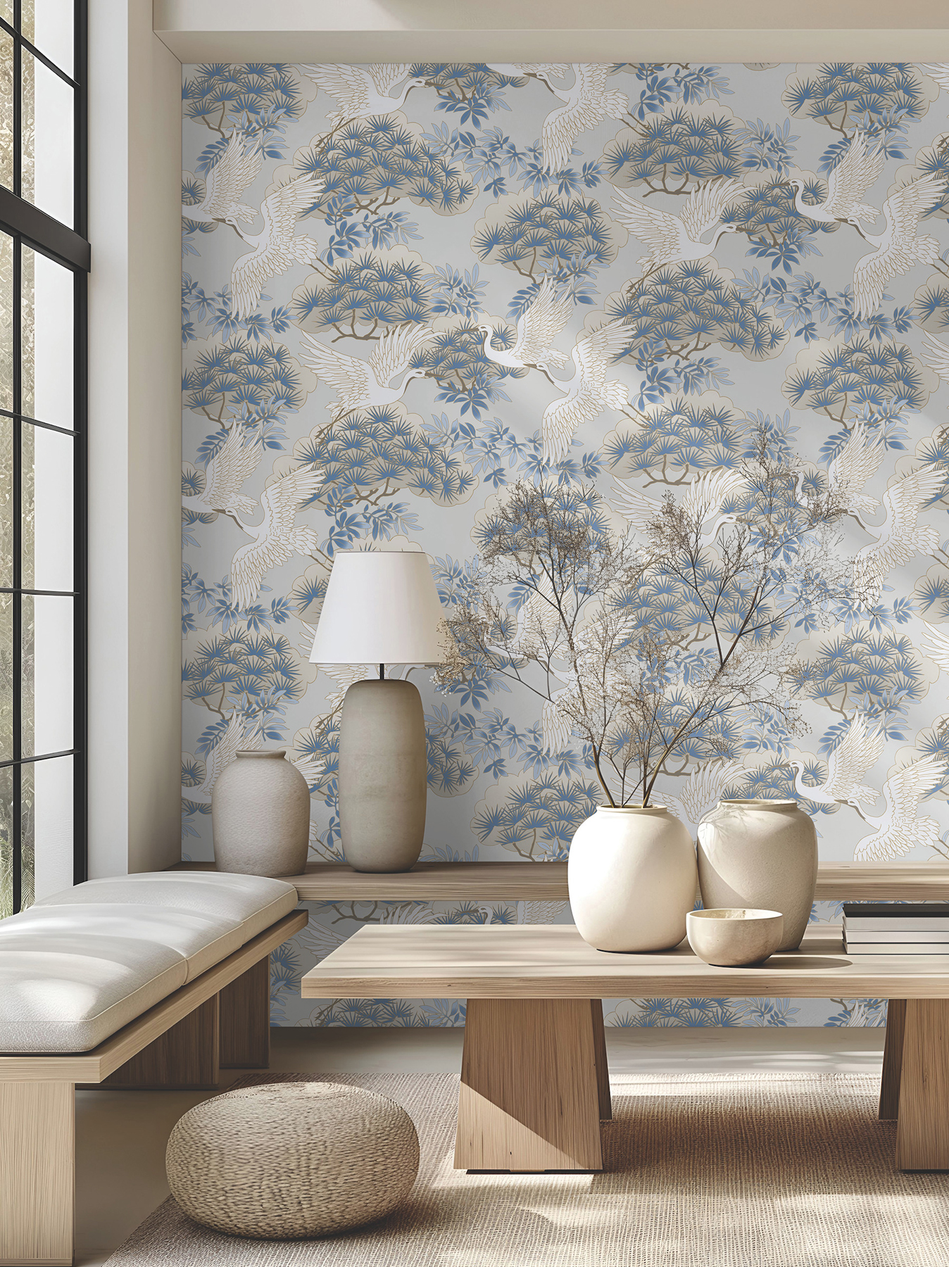 Sprig & Heron Light Blue Wallpaper
