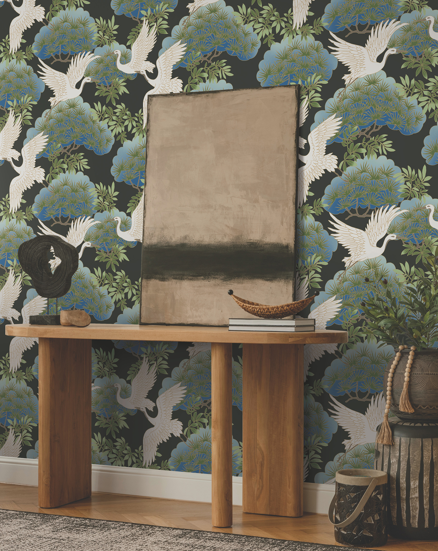 Sprig & Heron Black Wallpaper
