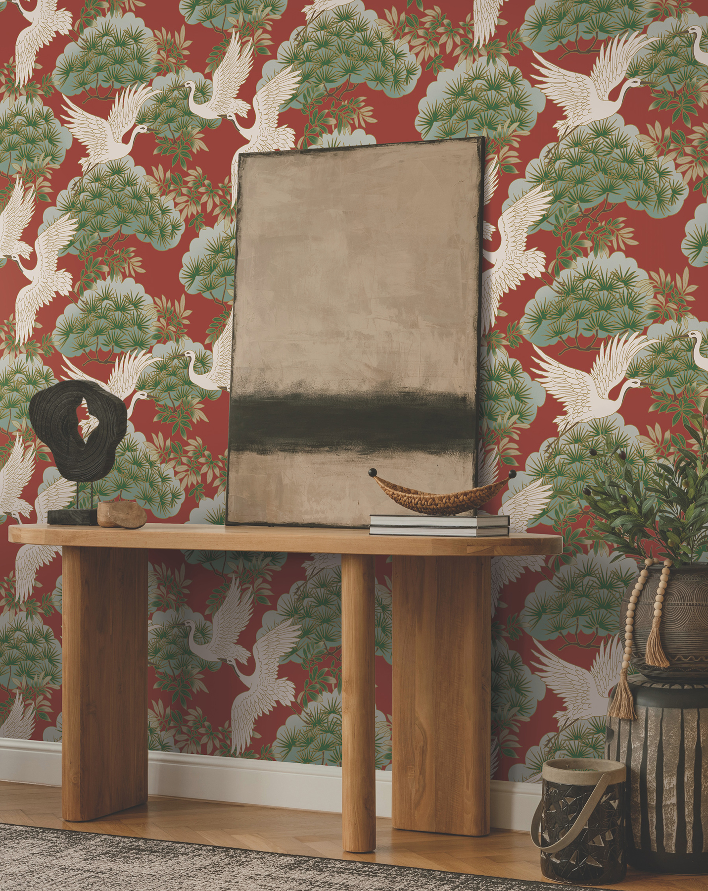 Sprig & Heron Red Wallpaper