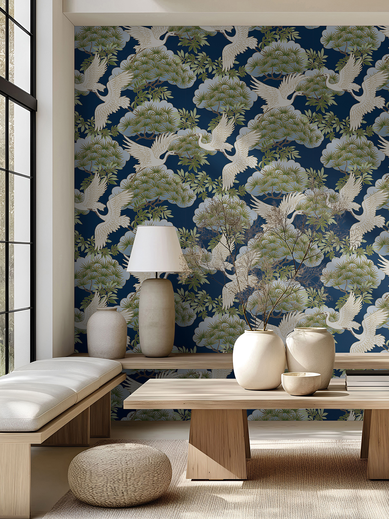 Sprig & Heron Navy Wallpaper
