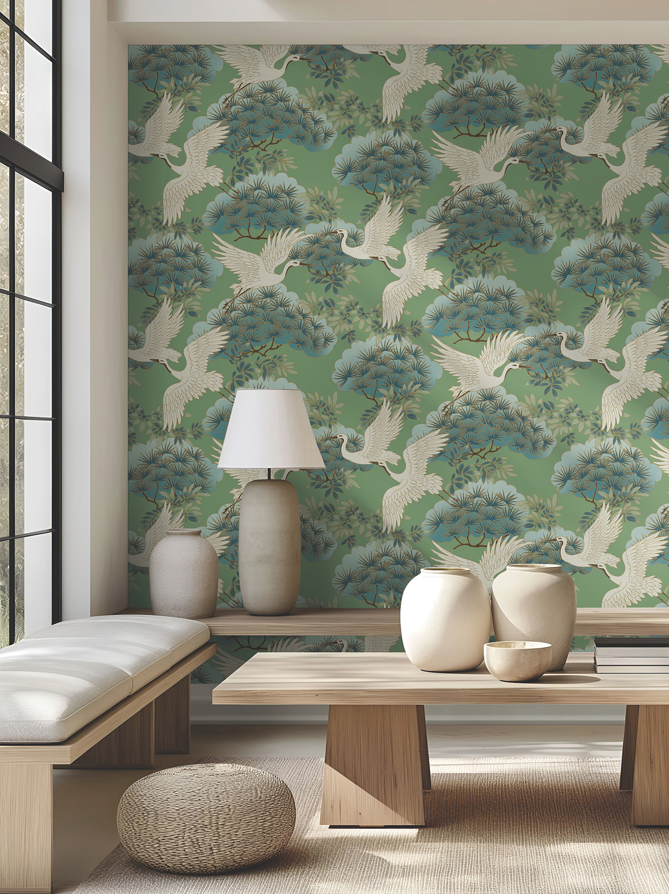 Sprig & Heron Green Wallpaper