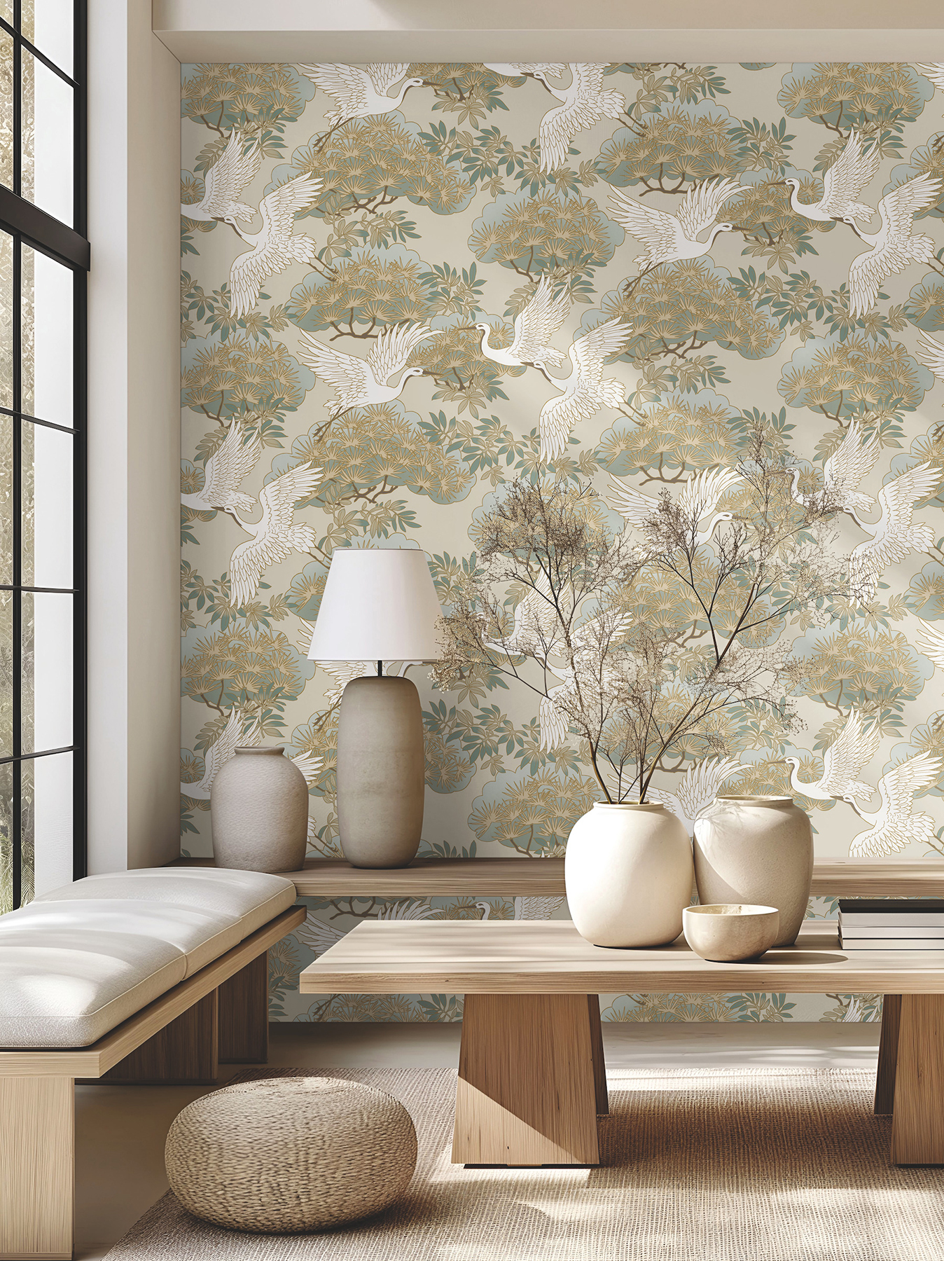 Sprig & Heron Beige Wallpaper