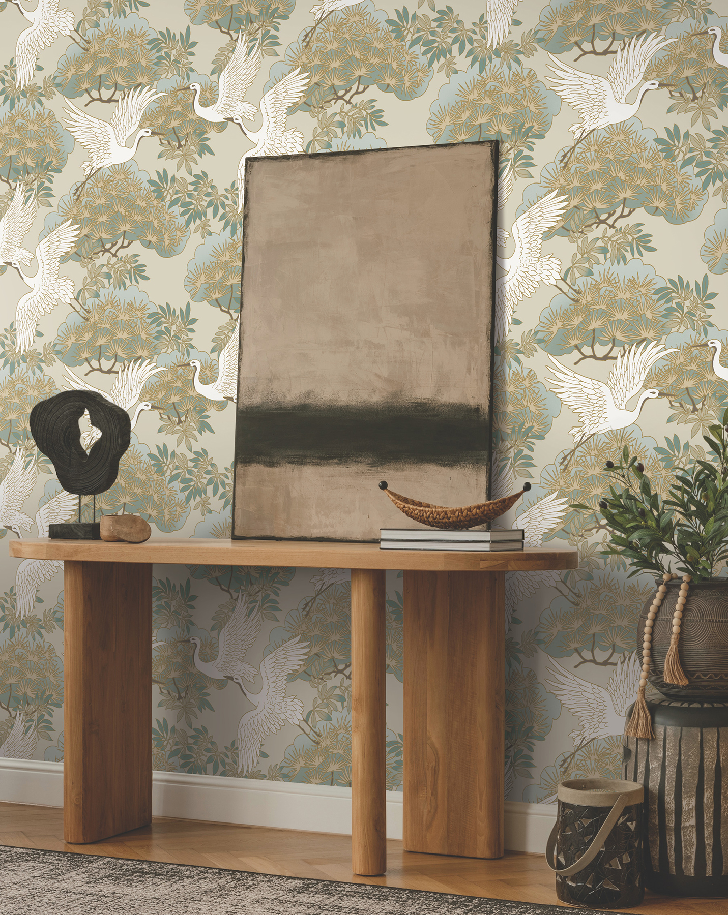 Sprig & Heron Beige Wallpaper