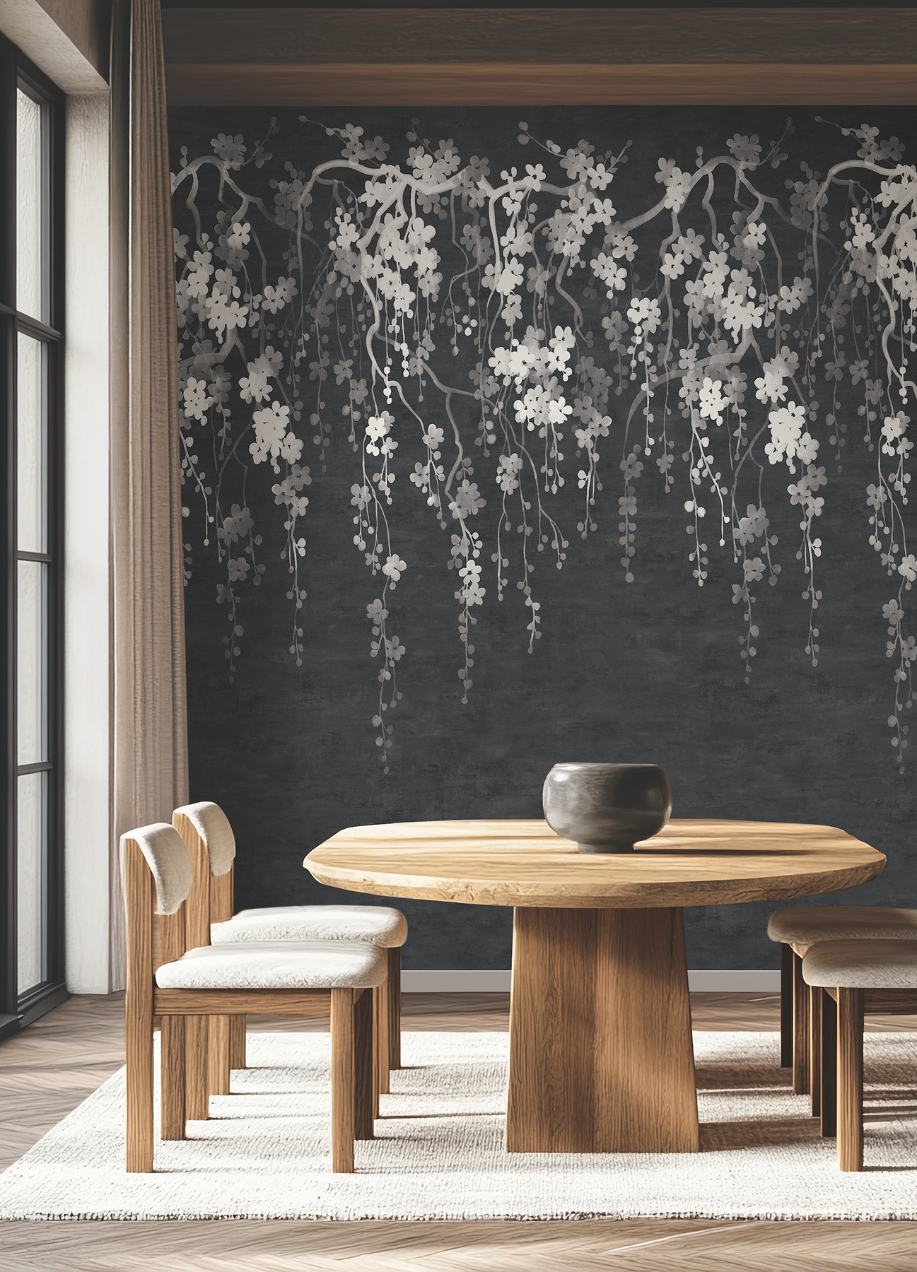 Sakura Blooms Black Wall Mural