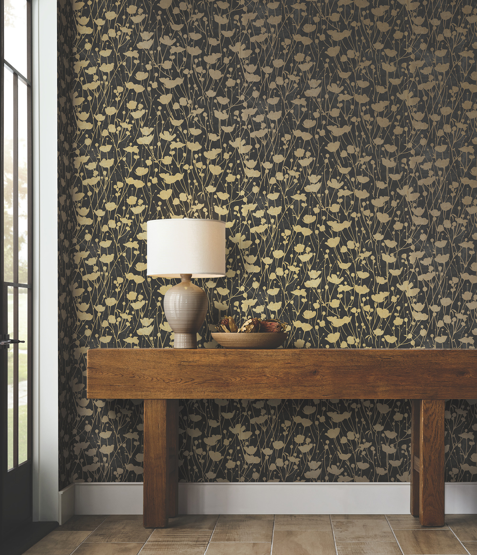 Shimmering Poppies Black & Gold Wallpaper