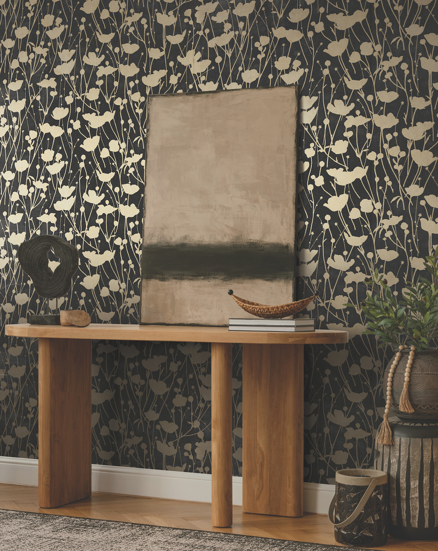 Shimmering Poppies Black & Gold Wallpaper