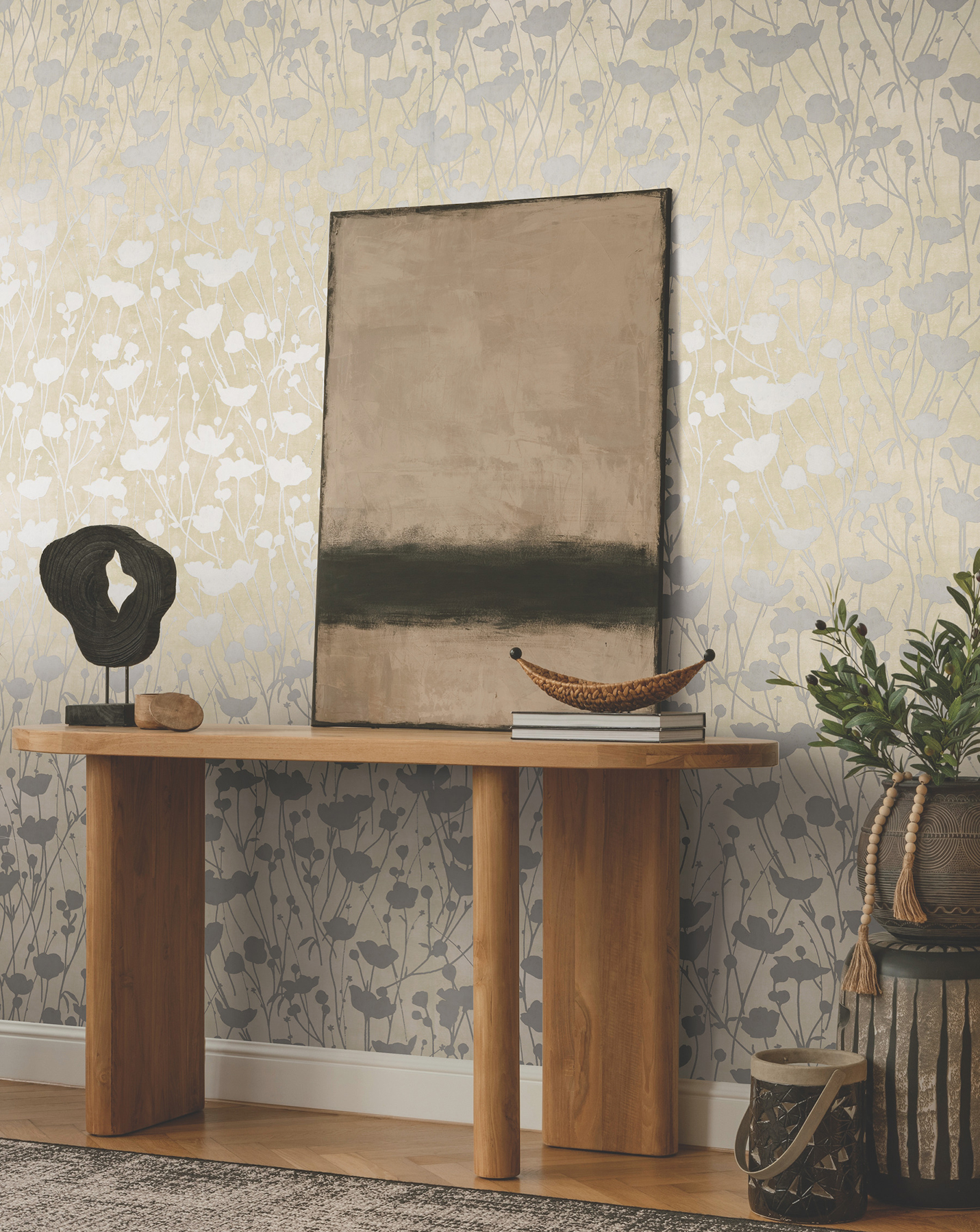 Shimmering Poppies Cream & Silver Wallpaper
