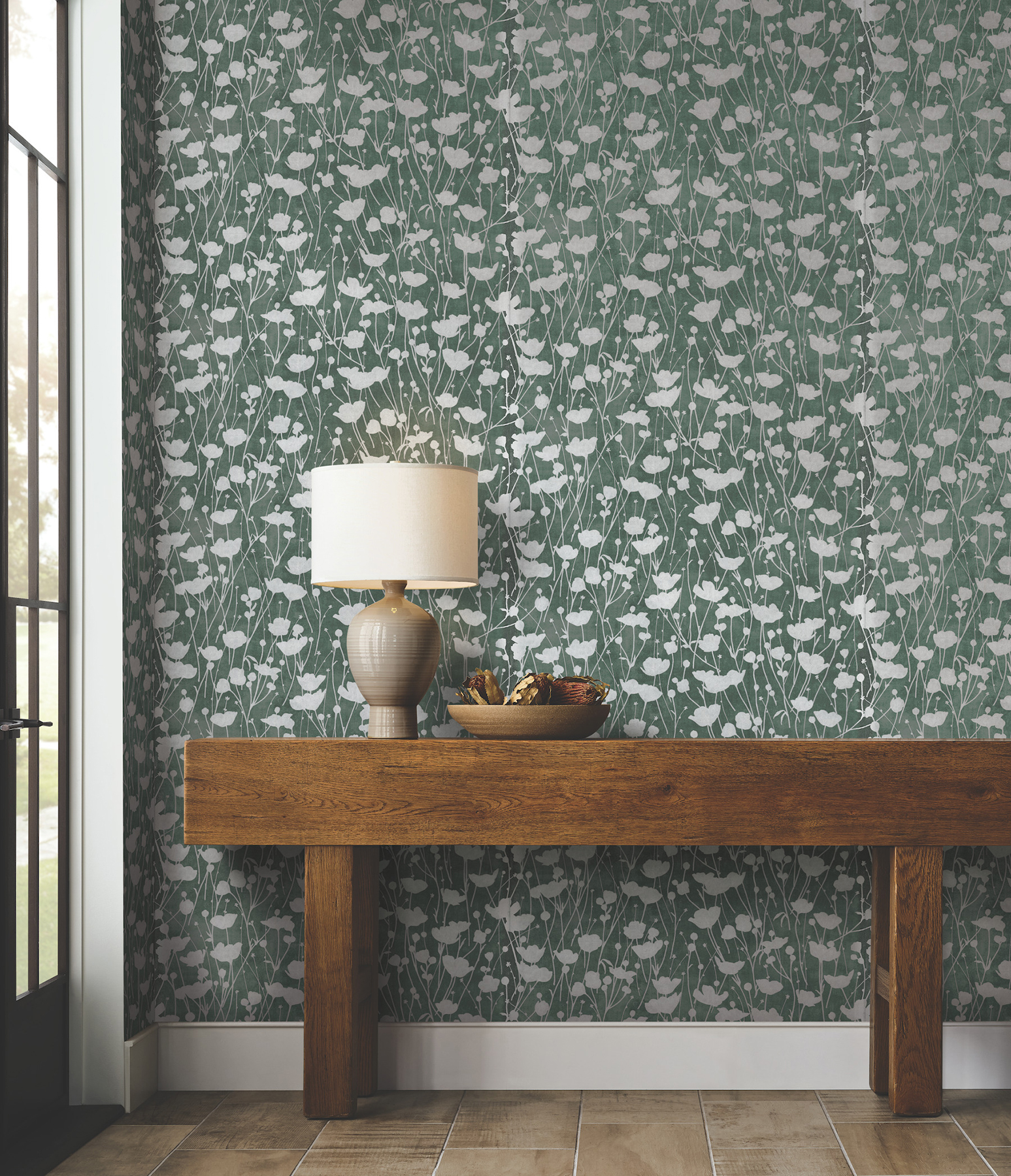 Shimmering Poppies Green & Silver Wallpaper
