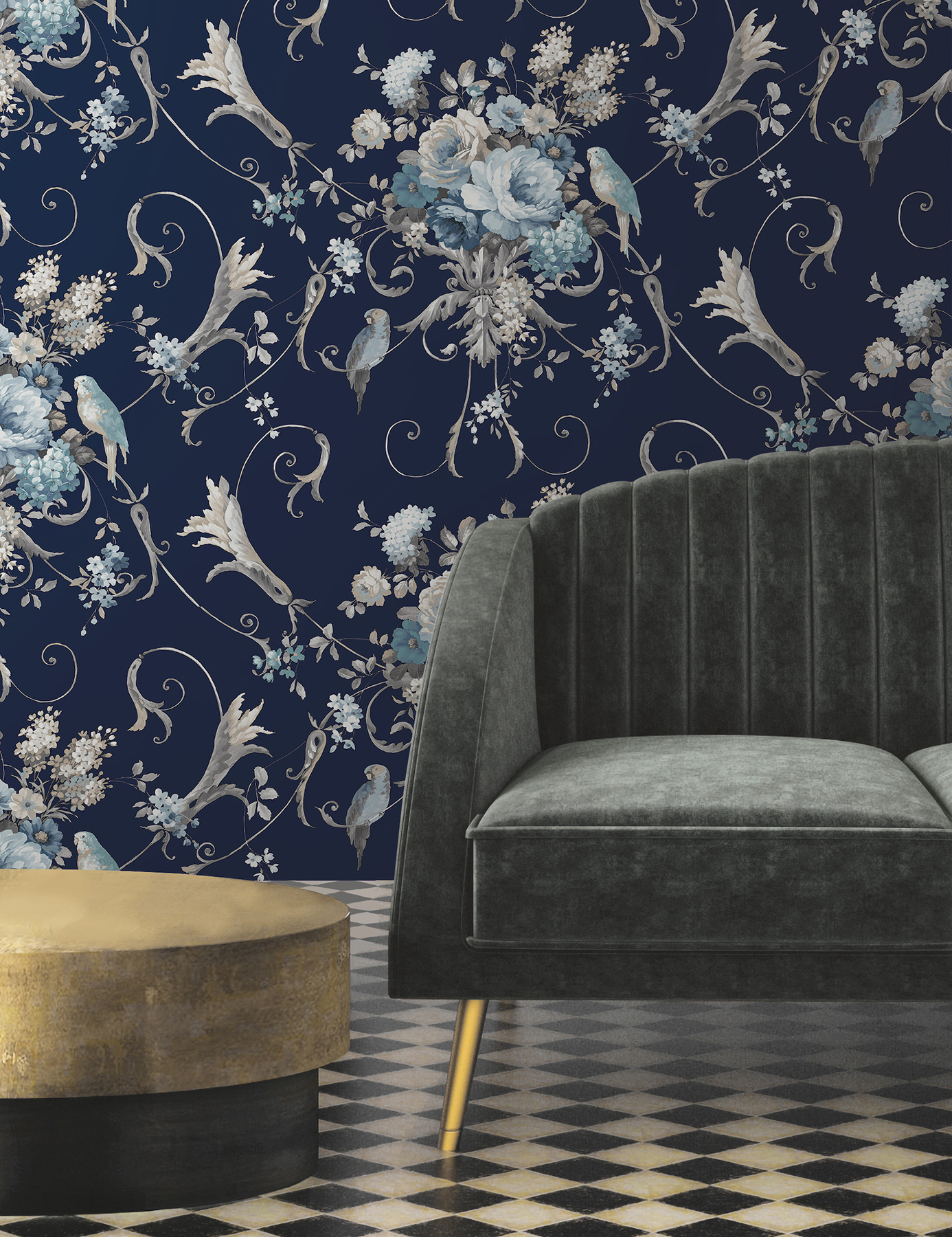 Parrots with Floral Bouquets Navy Peel & Stick Wallpaper