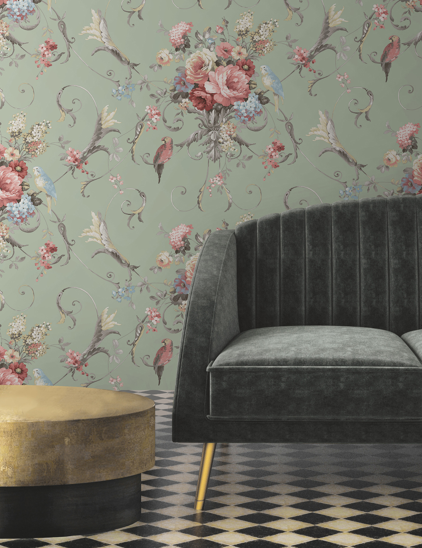 Parrots with Floral Bouquets Eucalyptus Peel & Stick Wallpaper