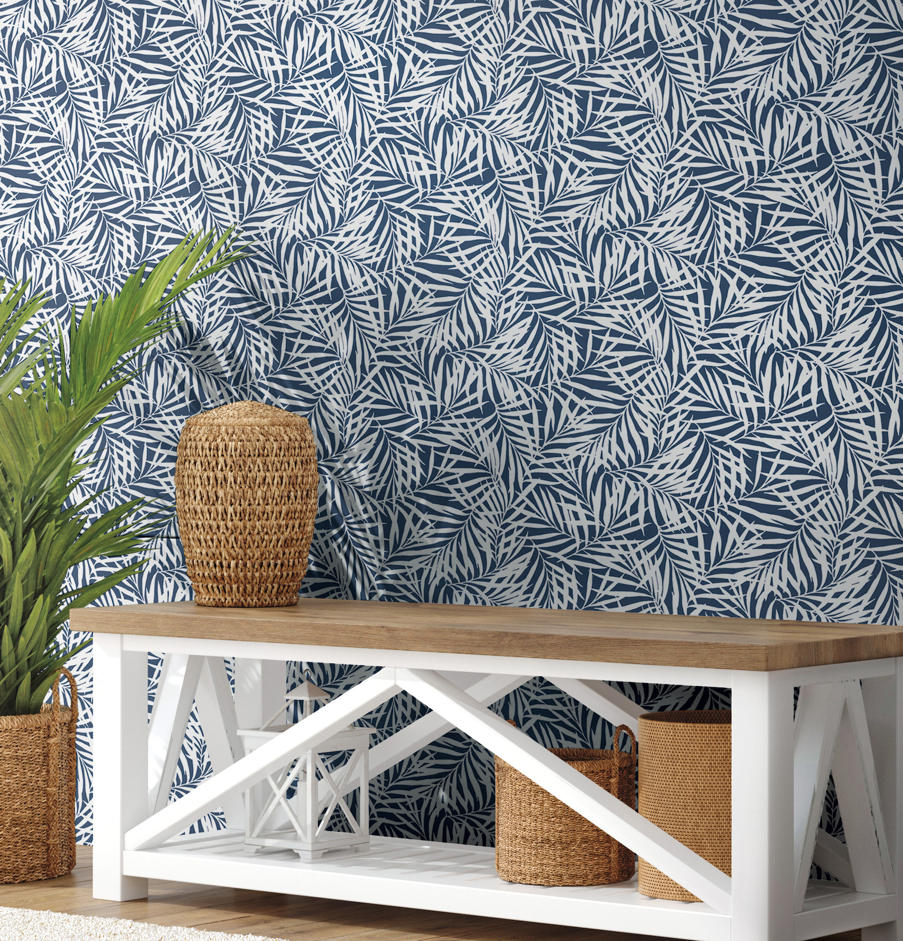 Oahu Fronds Navy & White Wallpaper
