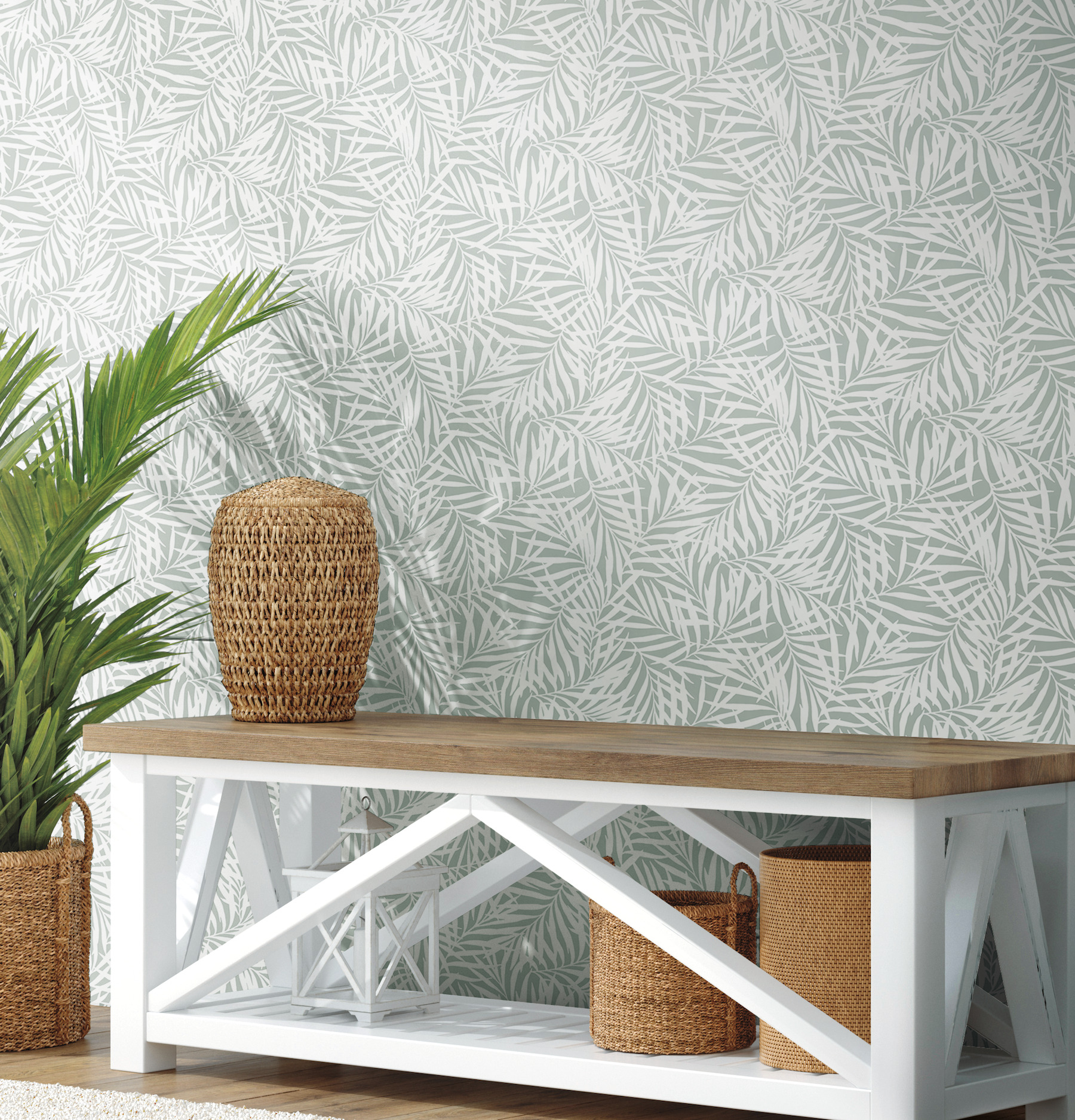 Oahu Fronds Light Green & White Wallpaper