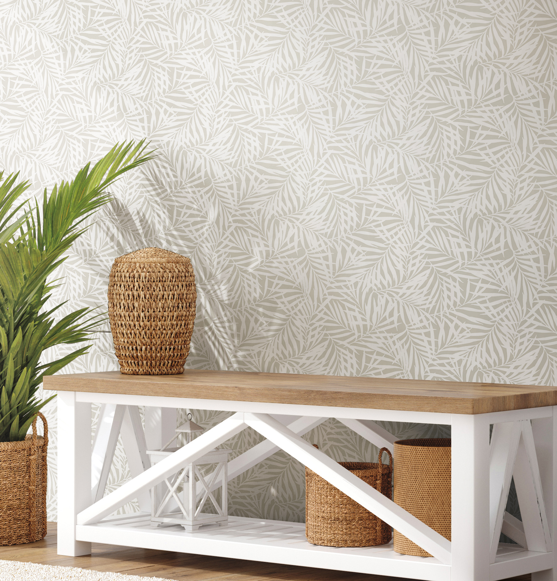 Oahu Fronds Cream & Off White Wallpaper