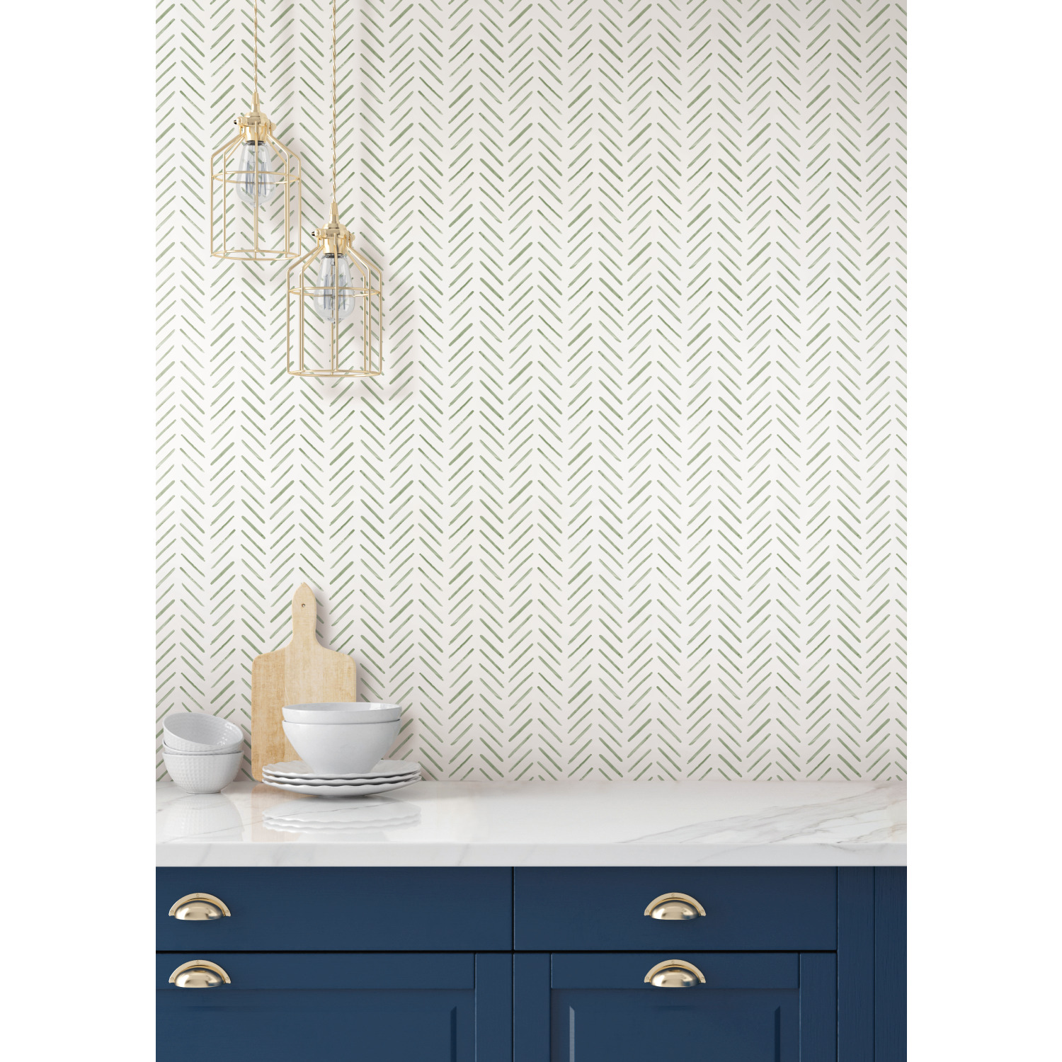 Painted Herringbone Green Wallpaper