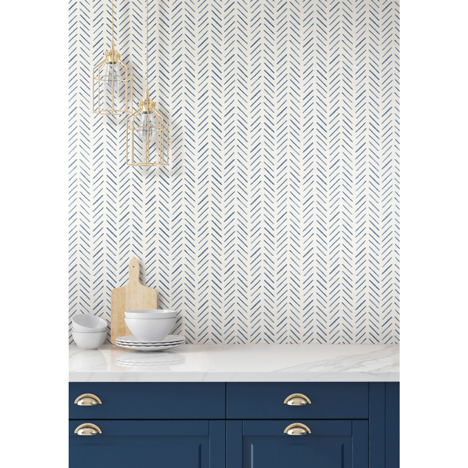 Painted Herringbone Navy Wallpaper