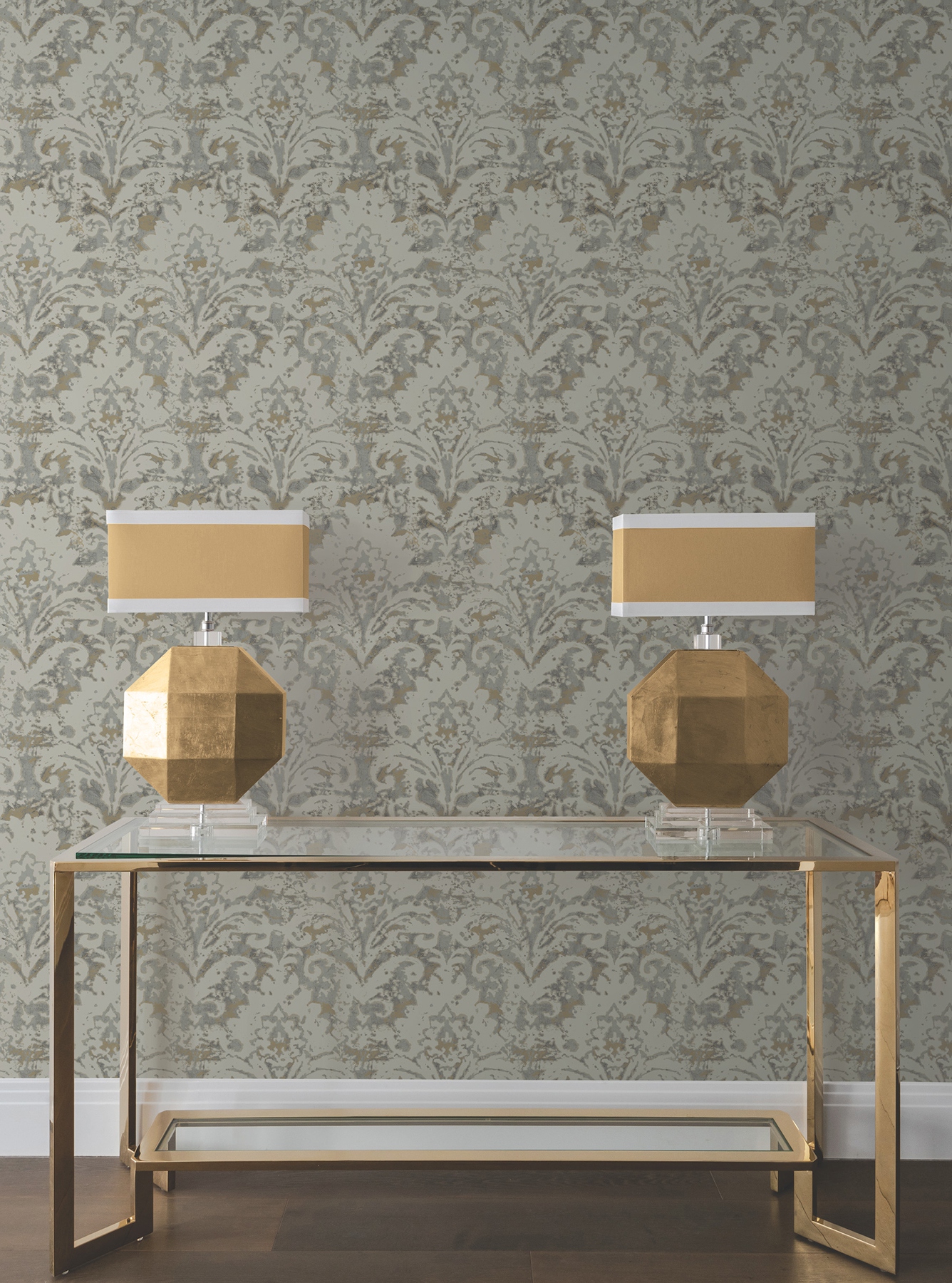 Velvet Crush Damask Taupe & Gold Wallpaper
