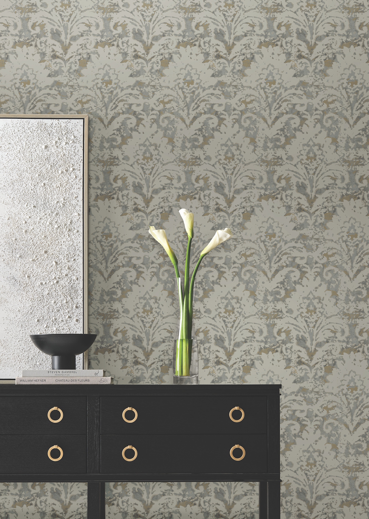Velvet Crush Damask Taupe & Gold Wallpaper