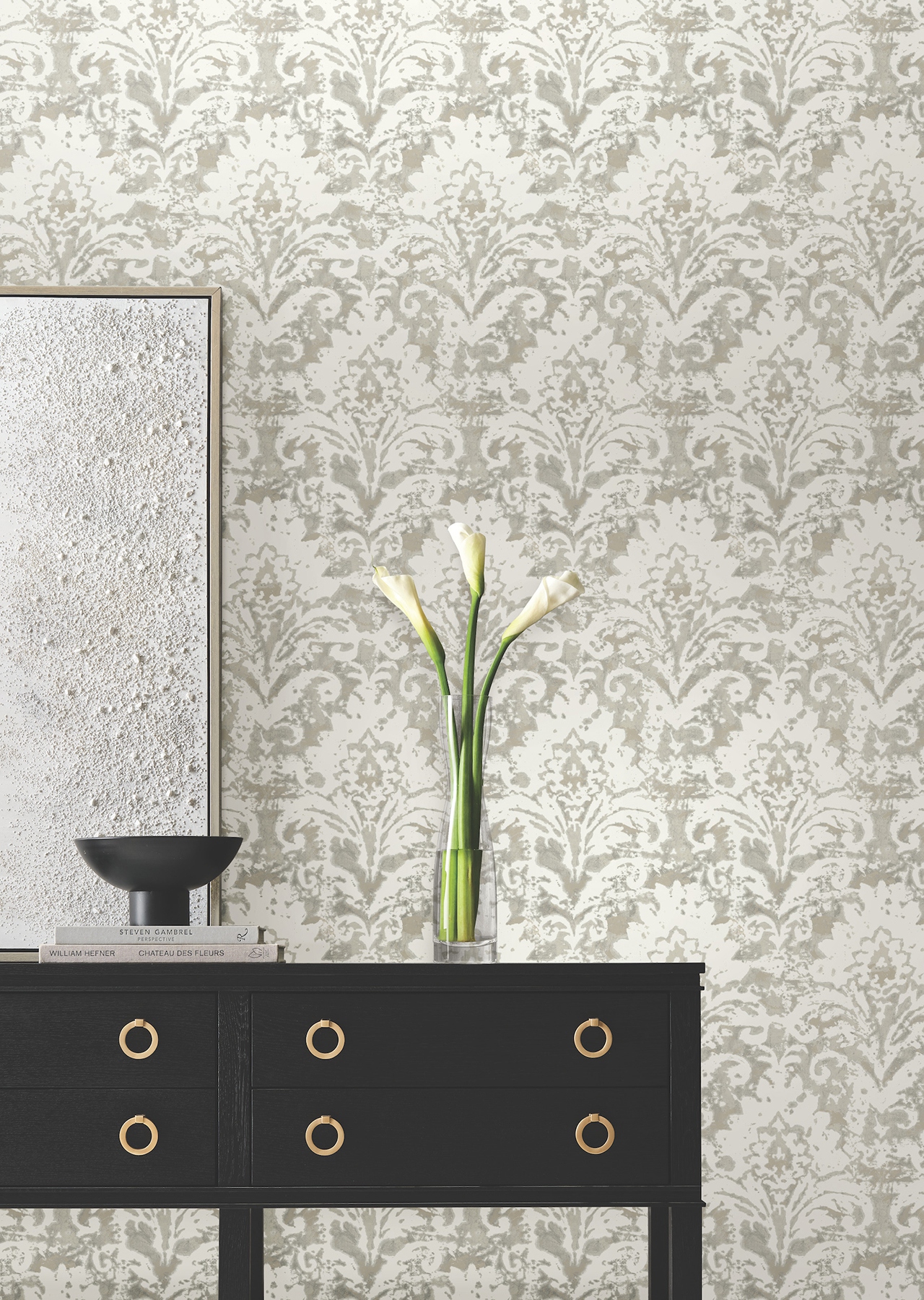 Velvet Crush Damask Soft Neutral & Pearl Wallpaper