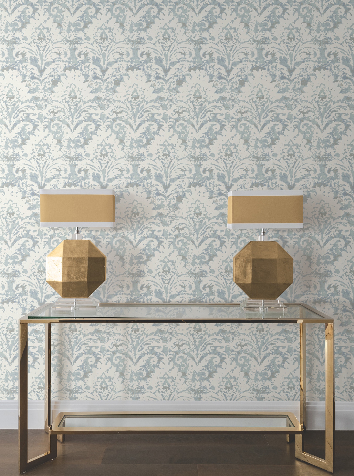 Velvet Crush Damask Blue & Pearl Wallpaper
