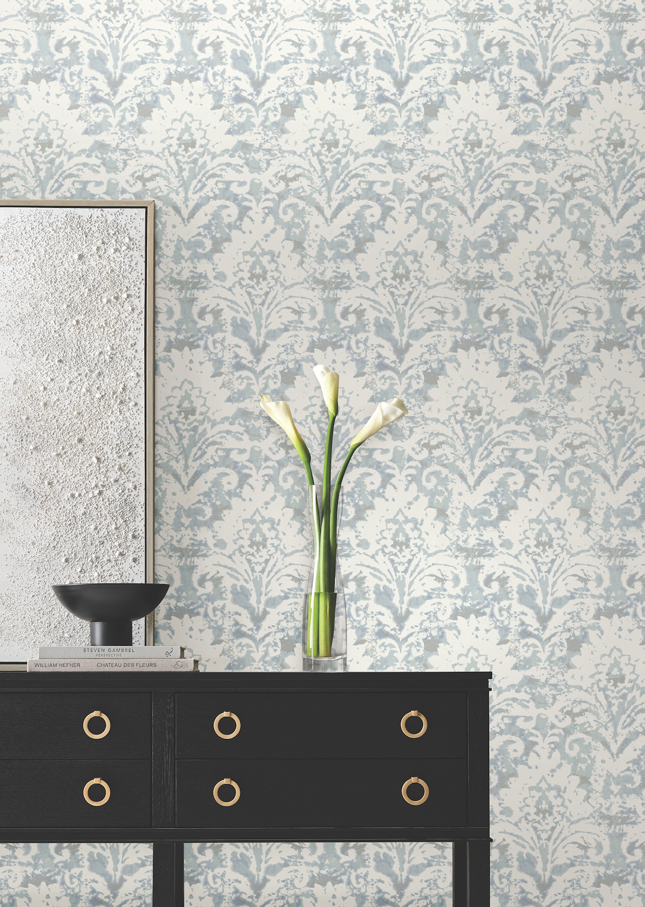 Velvet Crush Damask Blue & Pearl Wallpaper