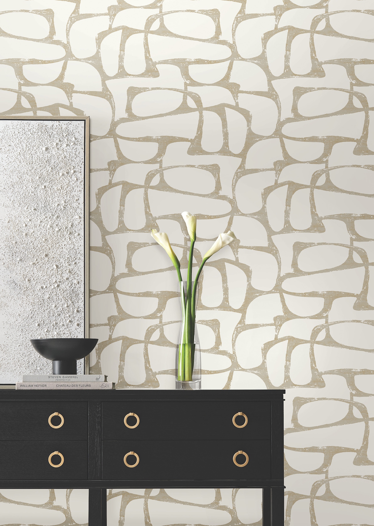 Craftsman Geometric White & Gold Wallpaper